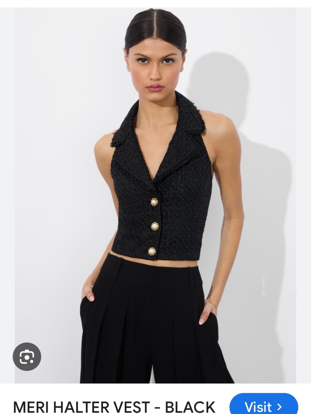 Black Tweed Sleeveless Vest with Gold Pearl Buttons